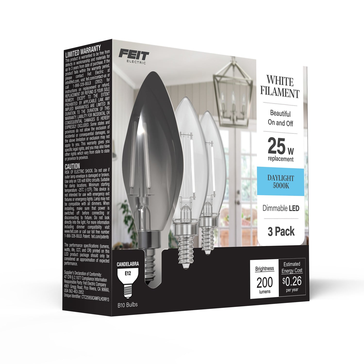 2.2W (25W Replacement) Daylight (5000K) E12 Base B10 Torpedo Tip Dimmable White Filament LED Bulb (3-Pack)