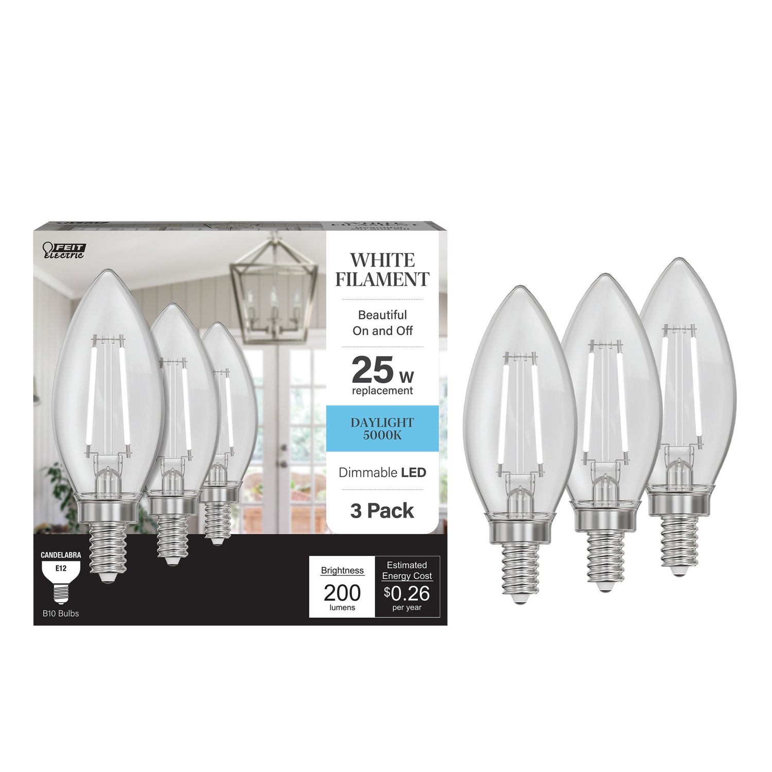 2.2W (25W Replacement) Daylight (5000K) E12 Base B10 Torpedo Tip Dimmable White Filament LED Bulb (3-Pack)