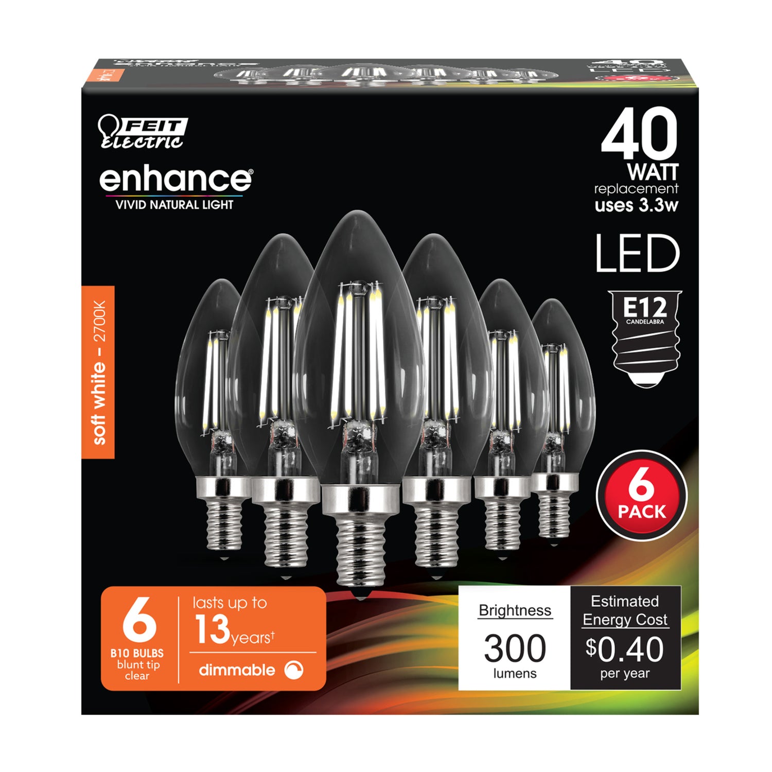3.3W (40W Replacement) Soft White (2700K) Clear B10 Dimmable Decorative Enhance (6-Pack)
