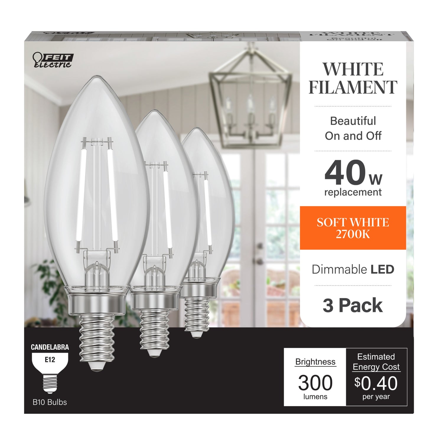 3.3W (40W Replacement) Soft White (2700K) B10 Shape (E12 Base) Torpedo Tip Exposed White Filament LED (3-Pack)