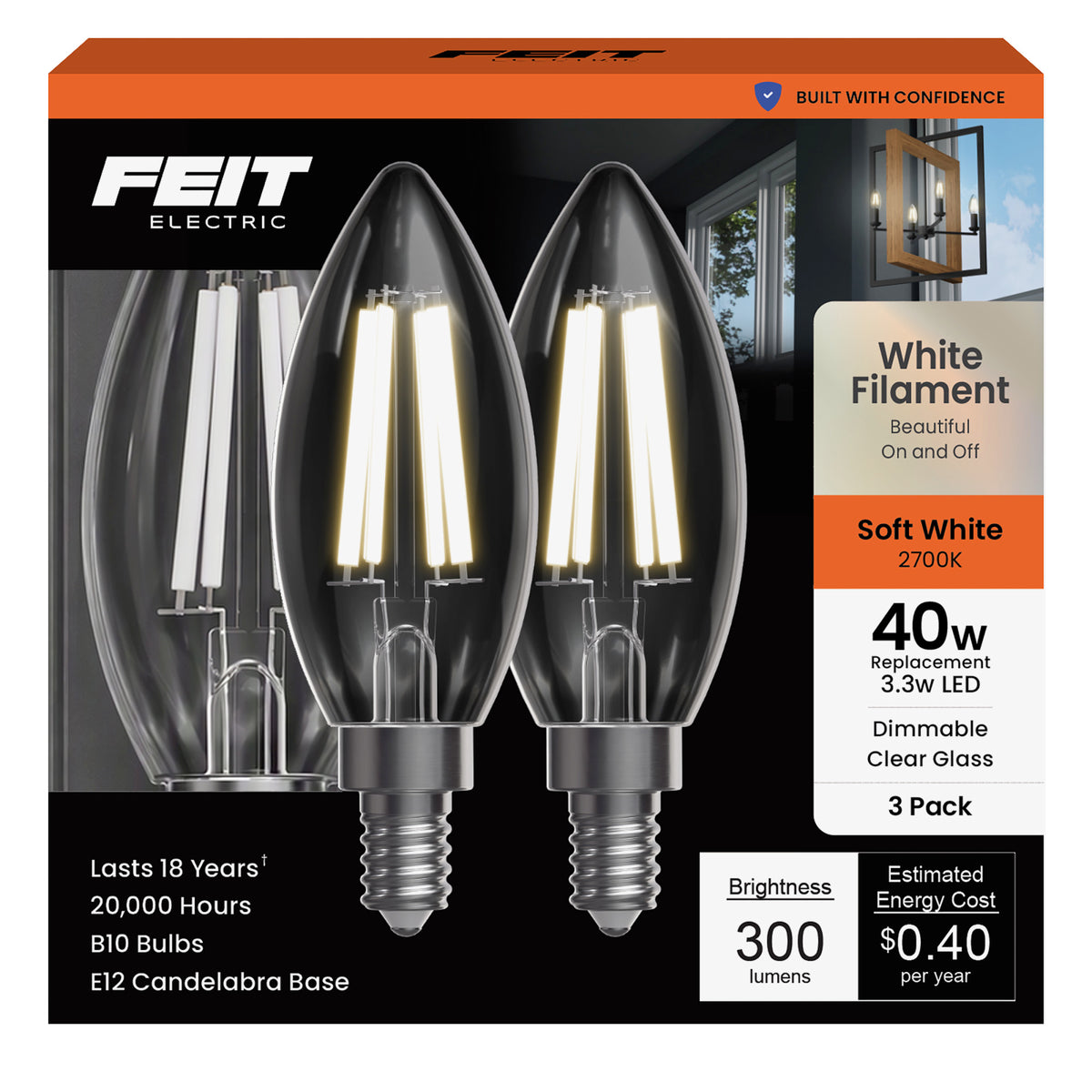 3.3W (40W Replacement) Soft White (2700K) B10 Shape (E12 Base) Torpedo Tip Exposed White Filament LED (3-Pack)