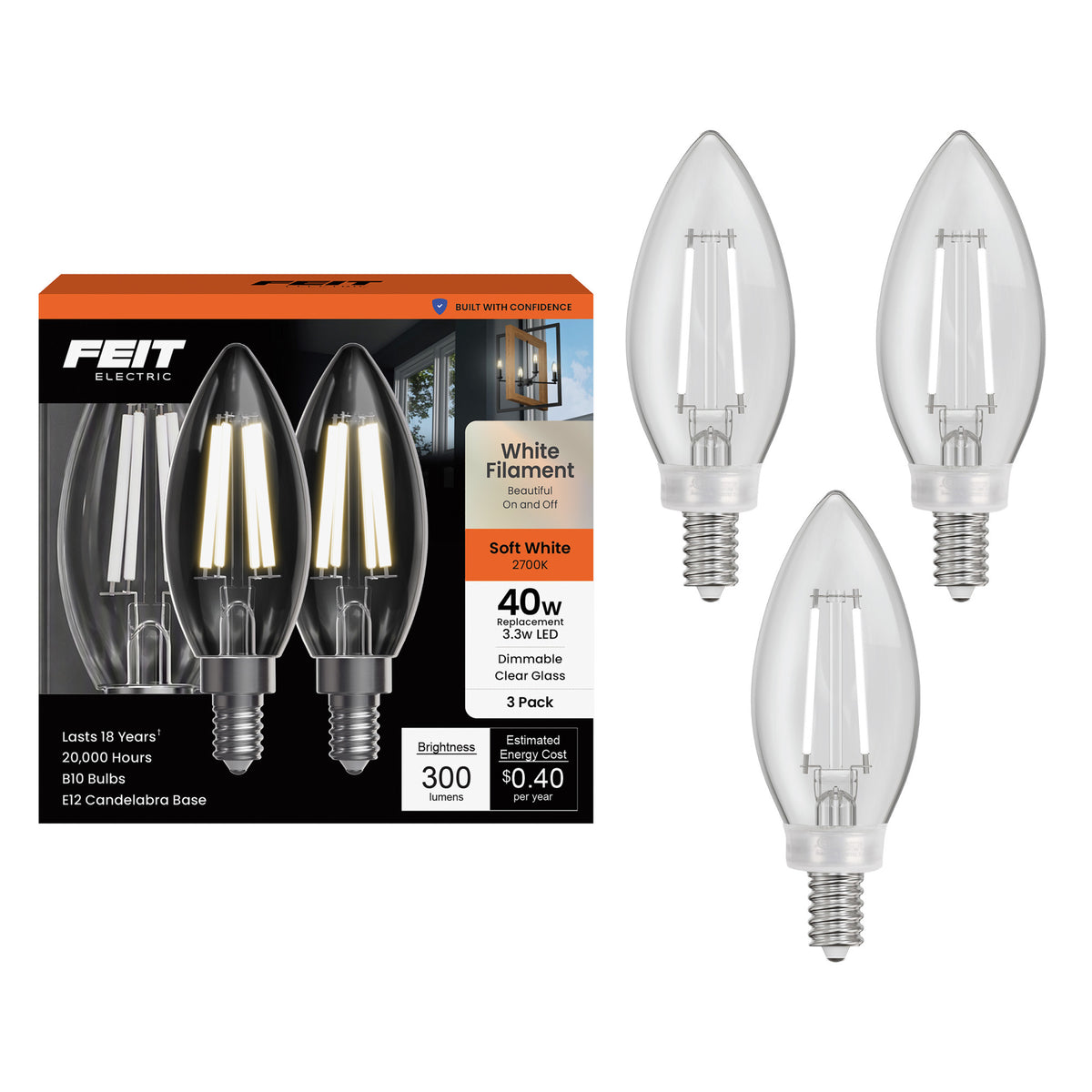 3.3W (40W Replacement) Soft White (2700K) B10 Shape (E12 Base) Torpedo Tip Exposed White Filament LED (3-Pack)