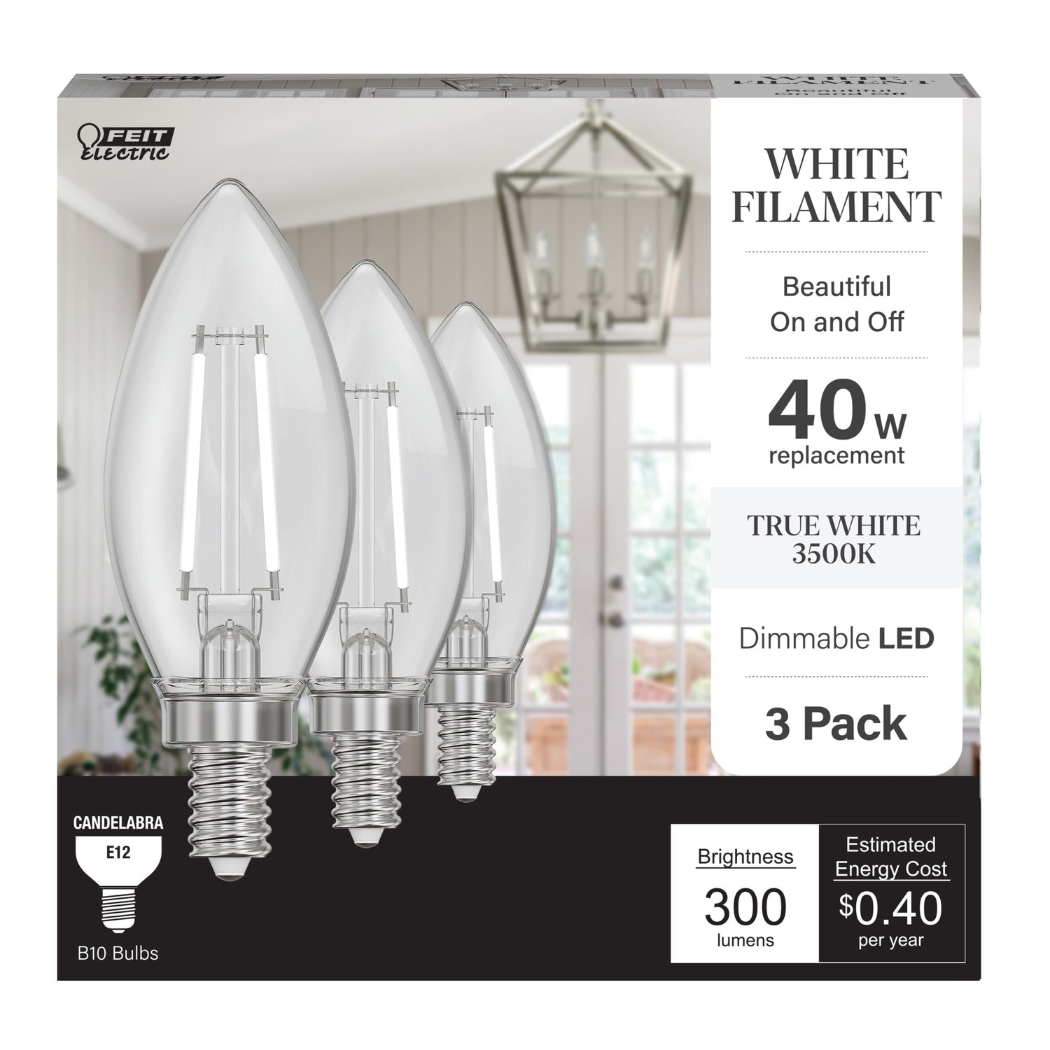 3.3W (40W Replacement) True White (3500K) Chandelier B10 (E12 Base) Torpedo Tip White Filament Light Bulb (3-Pack)