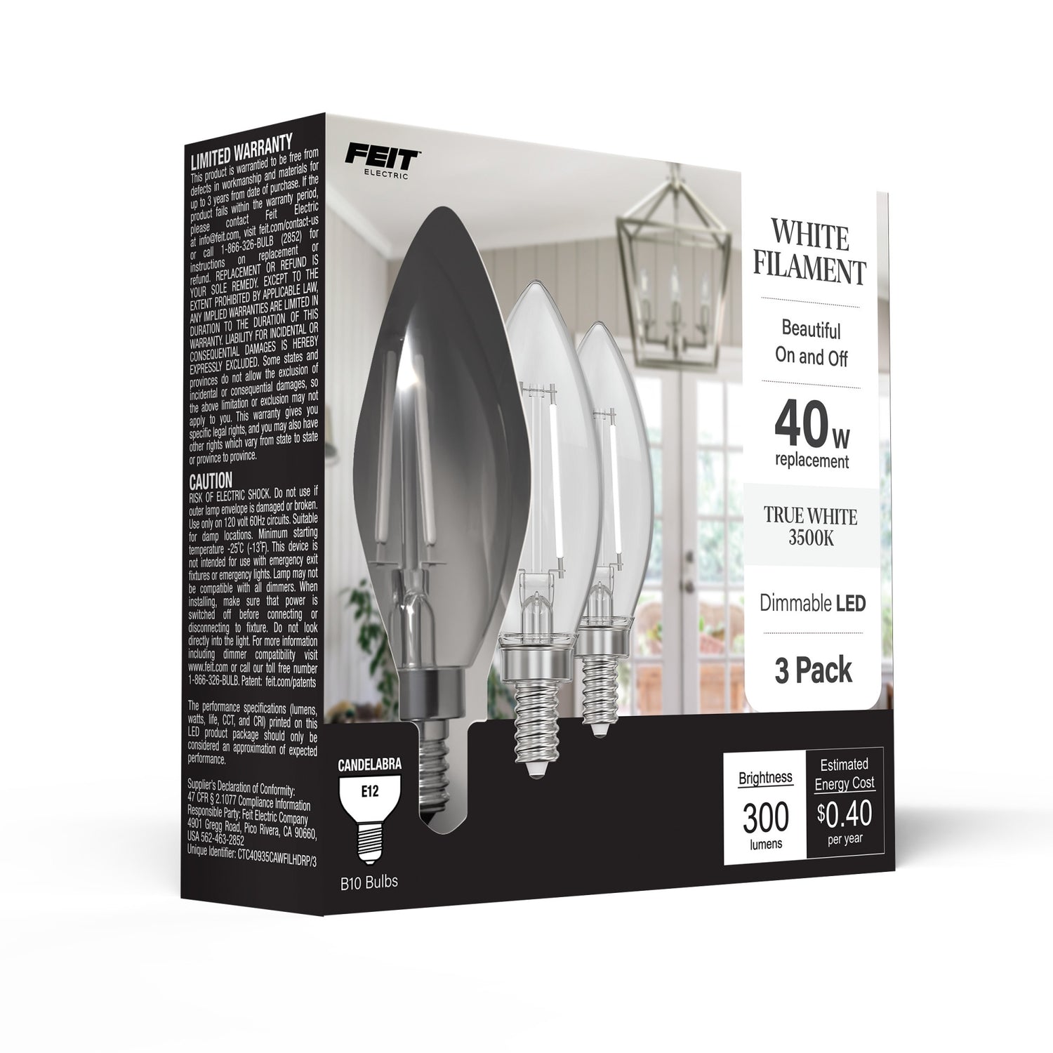 3.3W (40W Replacement) True White (3500K) Chandelier B10 (E12 Base) Torpedo Tip White Filament Light Bulb (3-Pack)