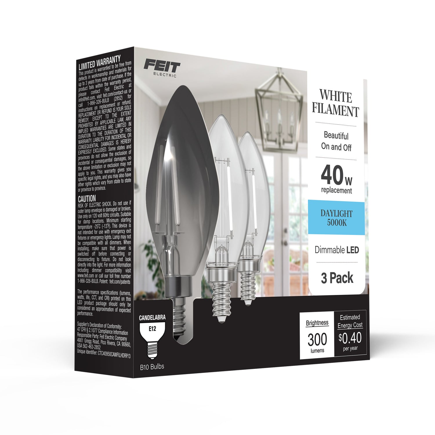 3.3W (40W Equivalent) Daylight White (5000K) E12 Base B10 White Filament LED Bulb (3-Pack)