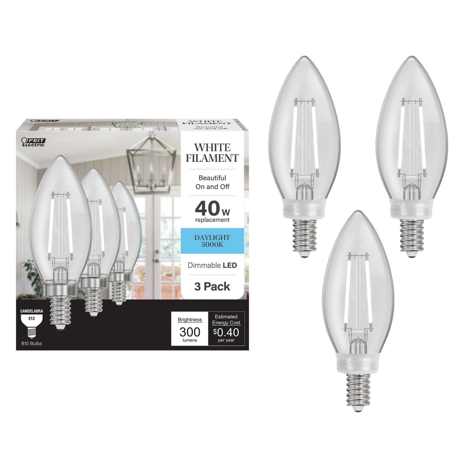 3.3W (40W Equivalent) Daylight White (5000K) E12 Base B10 White Filament LED Bulb (3-Pack)