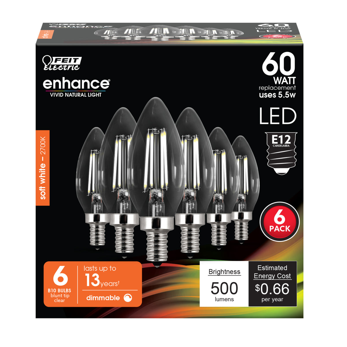 5.5W (60W Replacement) Soft White (2700K) E12 Base B10 Dimmable Glass Filament LED (6-Pack)