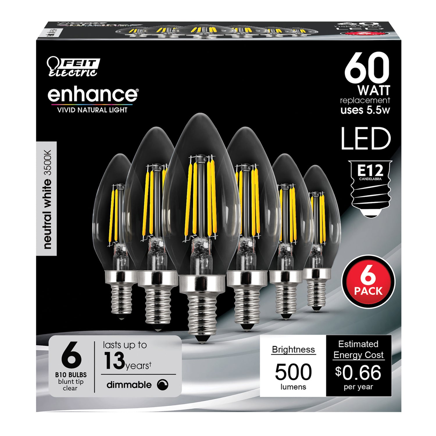 5.5W (60W Replacement) Neutral White (3500K) E12 Base B10 Dimmable Glass Filament LED (6-Pack)