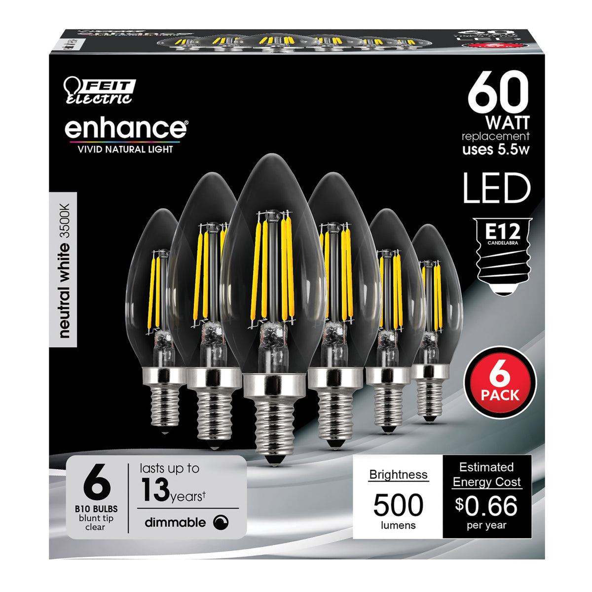 5.5W (60W Replacement) Neutral White (3500K) E12 Base B10 Dimmable Glass Filament LED (6-Pack)