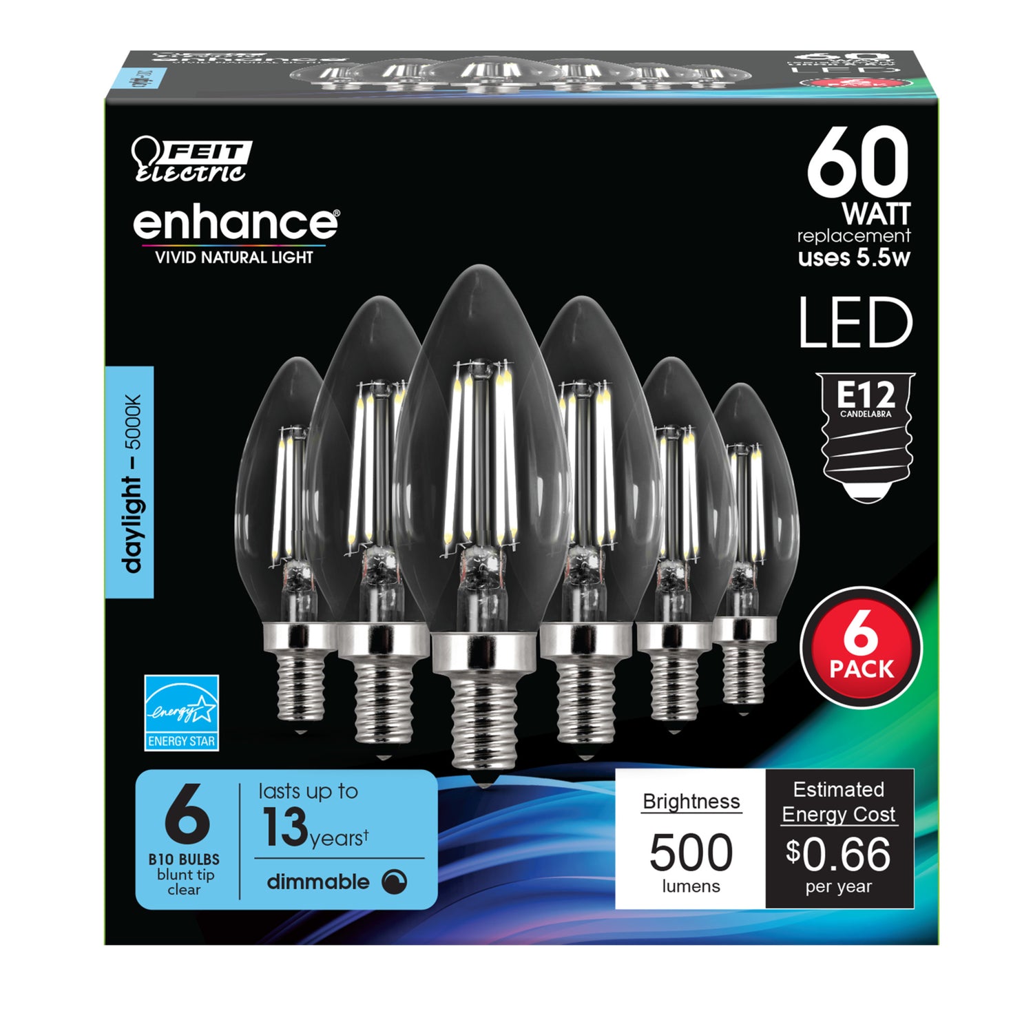 60W Replacement Clear B10 Dimmable Daylight Decorative LED Filament (6-Pack)
