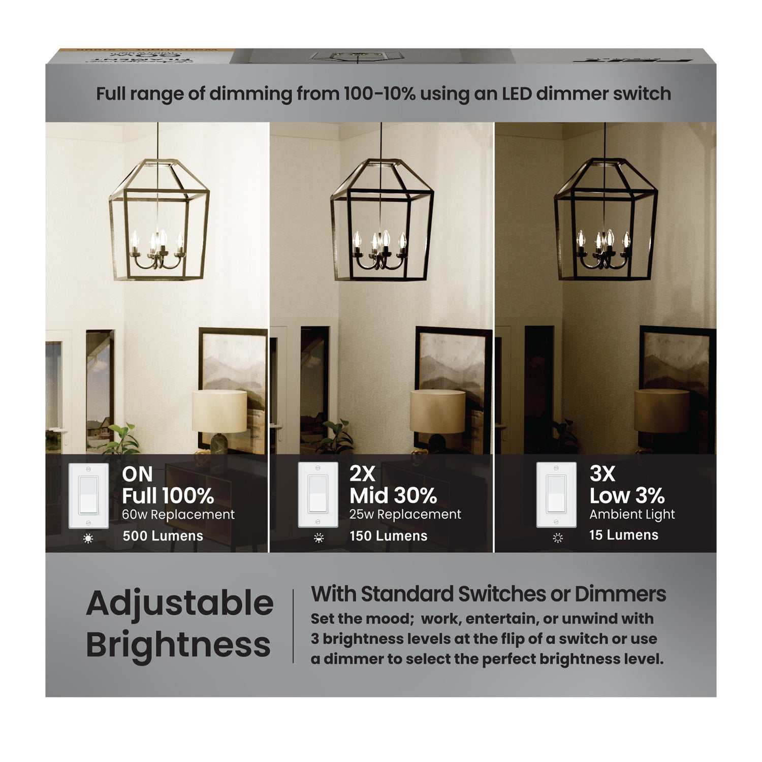 5.5W (60W Replacement) E12 Base B10 Torpedo Tip 3-Level Dimming Vintage LED Bulb, Warm Light (3-Pack)