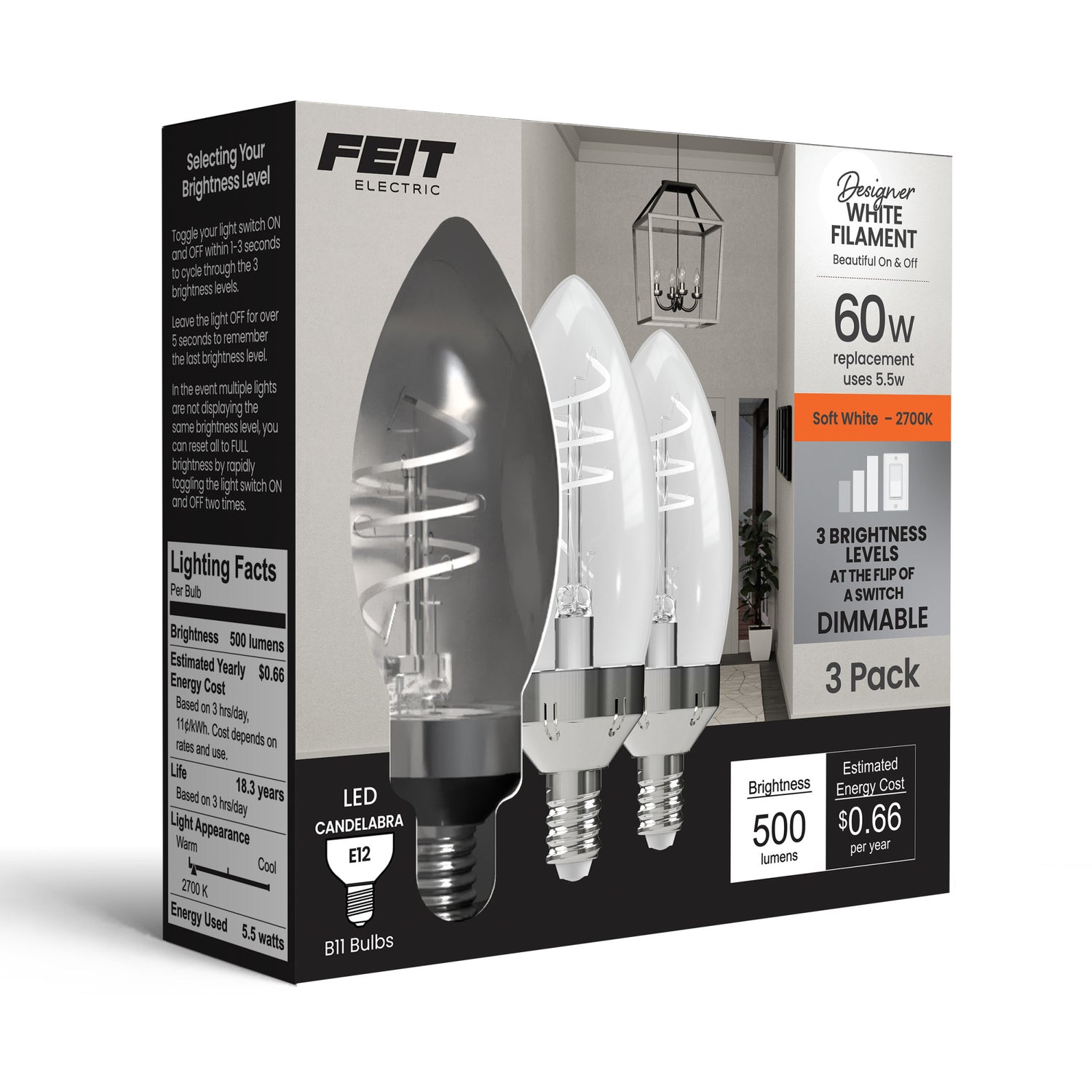 5.5W (60W Replacement) Soft White (2700K) E12 Base B11 Shape 3-Level Dimming Torpedo White Filament Bulb (3-Pack)