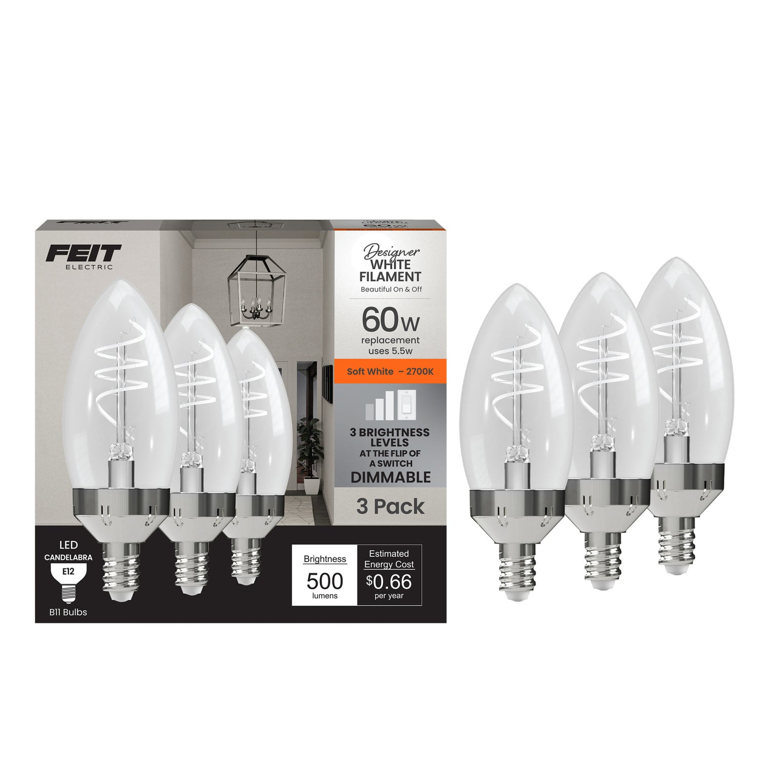 5.5W (60W Replacement) Soft White (2700K) E12 Base B11 Shape 3-Level Dimming Torpedo White Filament Bulb (3-Pack)