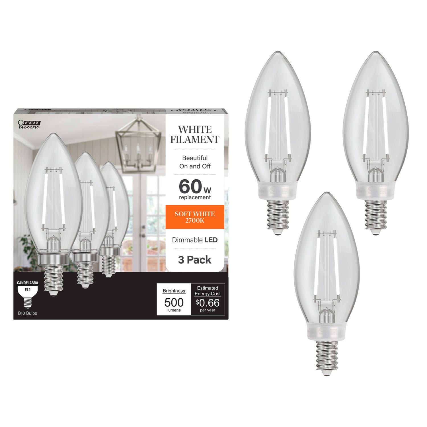 5.5W (60W Replacement) Soft White (2700K) B10 Shape (E12 Base) Torpedo White Filament Bulb (3-Pack)
