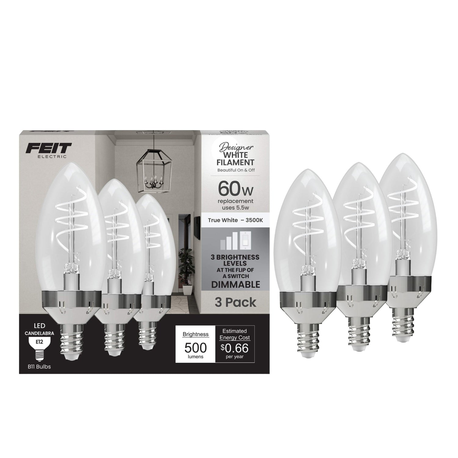 5.5W (60W Replacement) True White (3500K) E12 Base B10 Candelabra 3-Level Dimming Torpedo Tip White Filament LED Bulb (3-Pack)