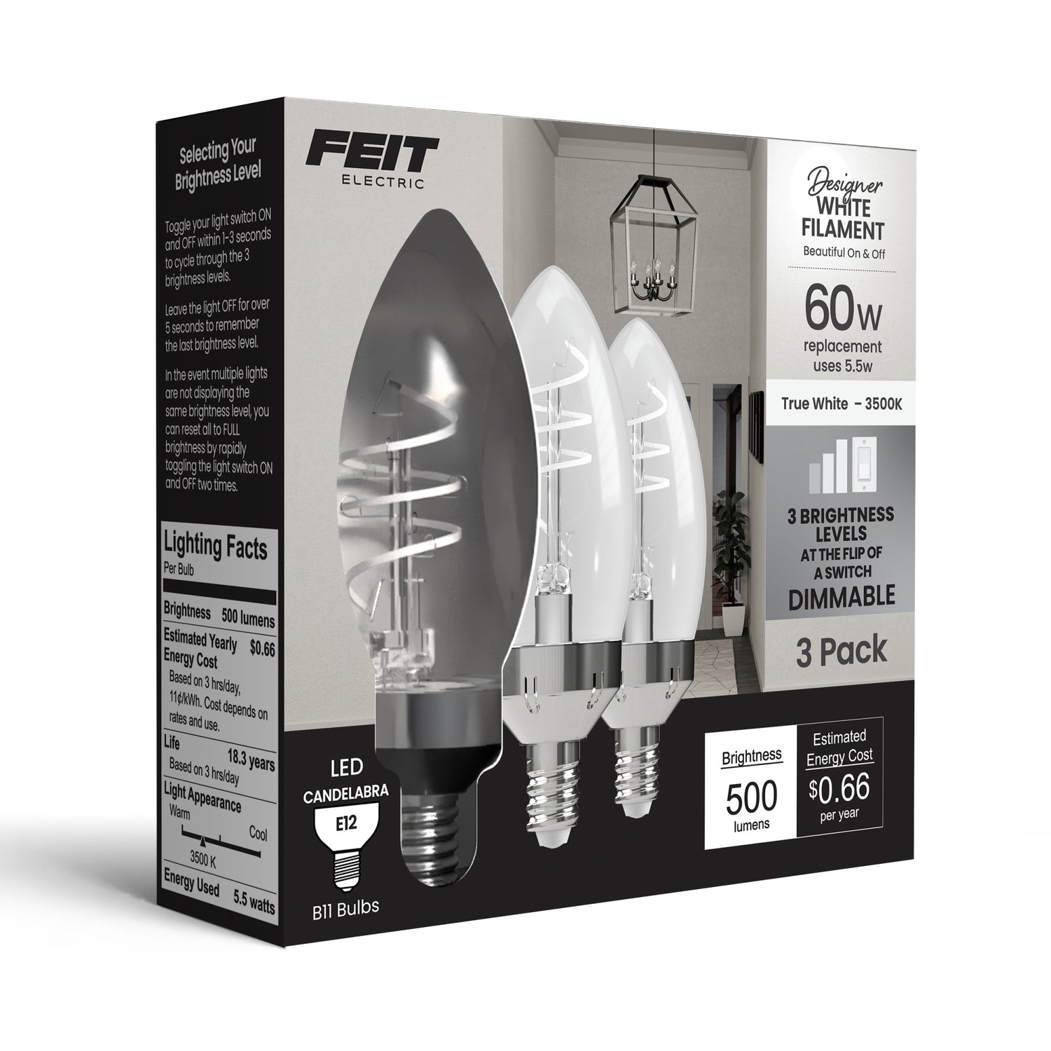 5.5W (60W Replacement) True White (3500K) E12 Base B10 Candelabra 3-Level Dimming Torpedo Tip White Filament LED Bulb (3-Pack)