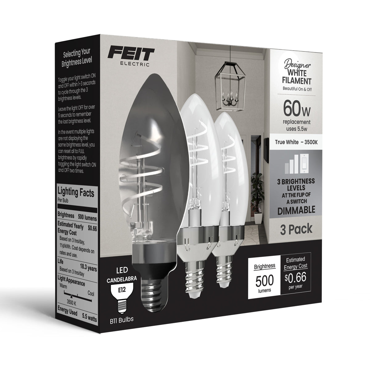 5.5W (60W Replacement) True White (3500K) E12 Base B10 Candelabra 3-Level Dimming Torpedo Tip White Filament LED Bulb (3-Pack)