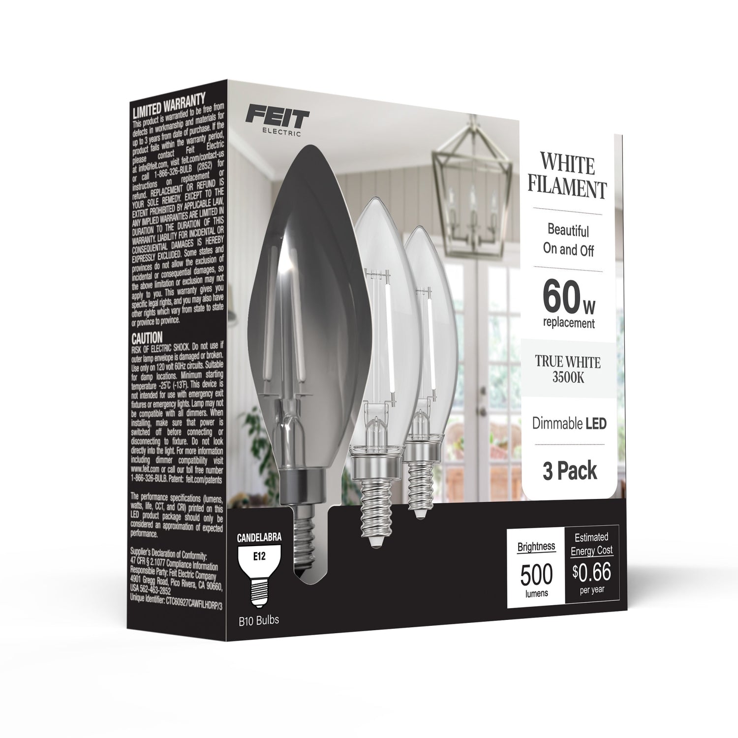 5.5W (60W Replacement) True White (3500K) B10 Candelabra (E12 Base) Dimmable Torpedo Tip Exposed White Filament Chandelier LED Bulb (3-Pack)