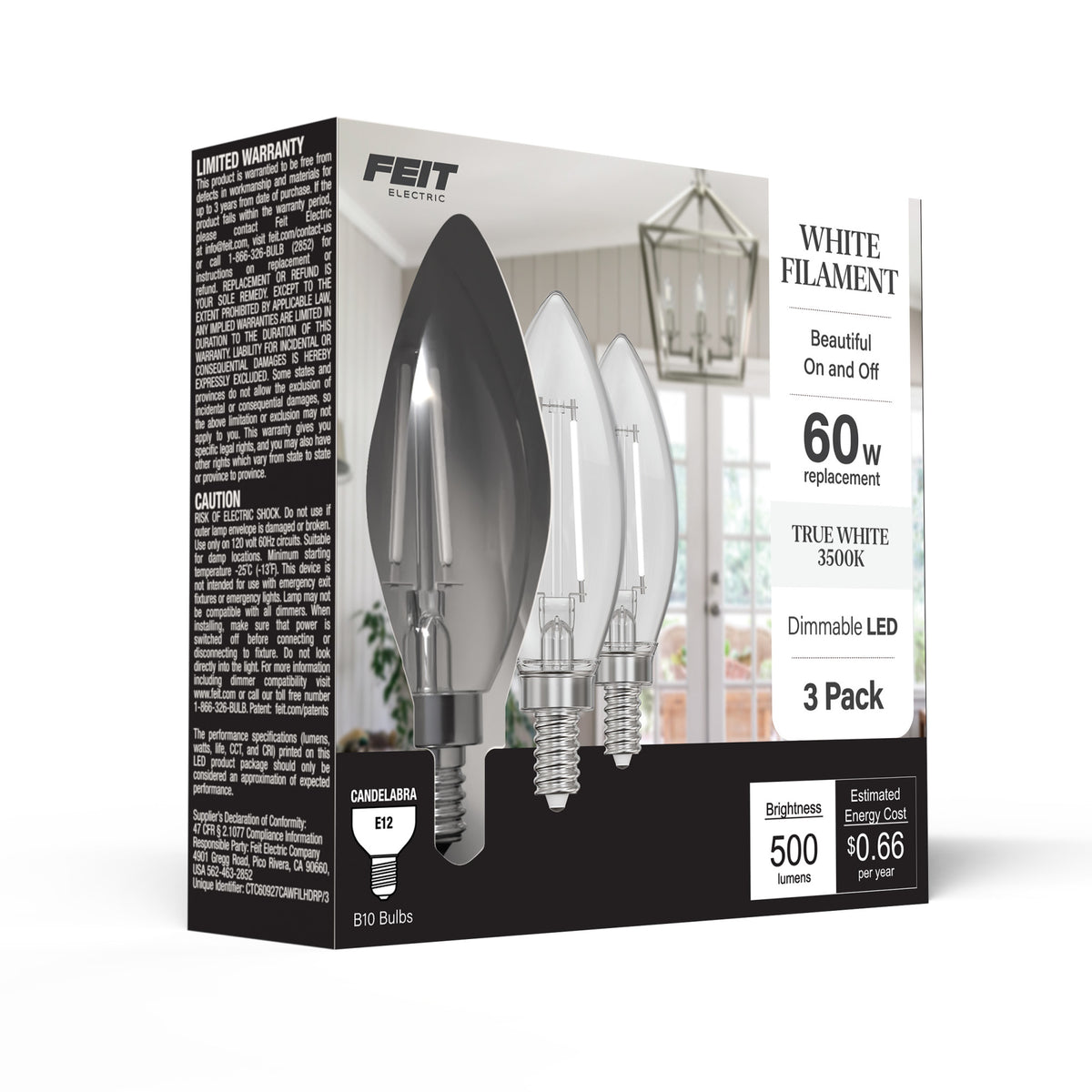 5.5W (60W Replacement) True White (3500K) B10 Candelabra (E12 Base) Dimmable Torpedo Tip Exposed White Filament Chandelier LED Bulb (3-Pack)