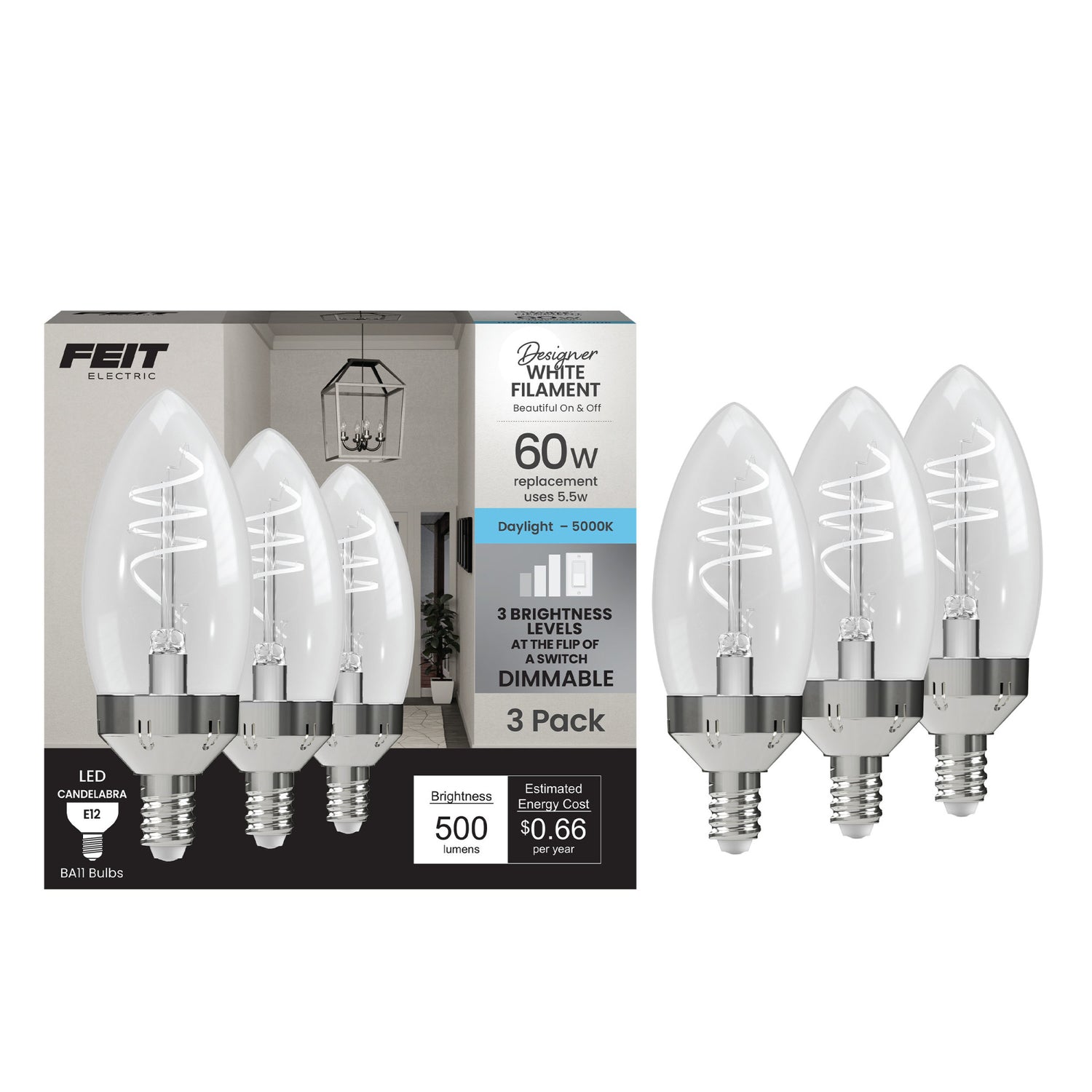 5.5W (60W Replacement) Daylight (5000K) E12 Base B11 Shape 3-Level Dimming Torpedo Tip White Filament LED Bulb (3-Pack)