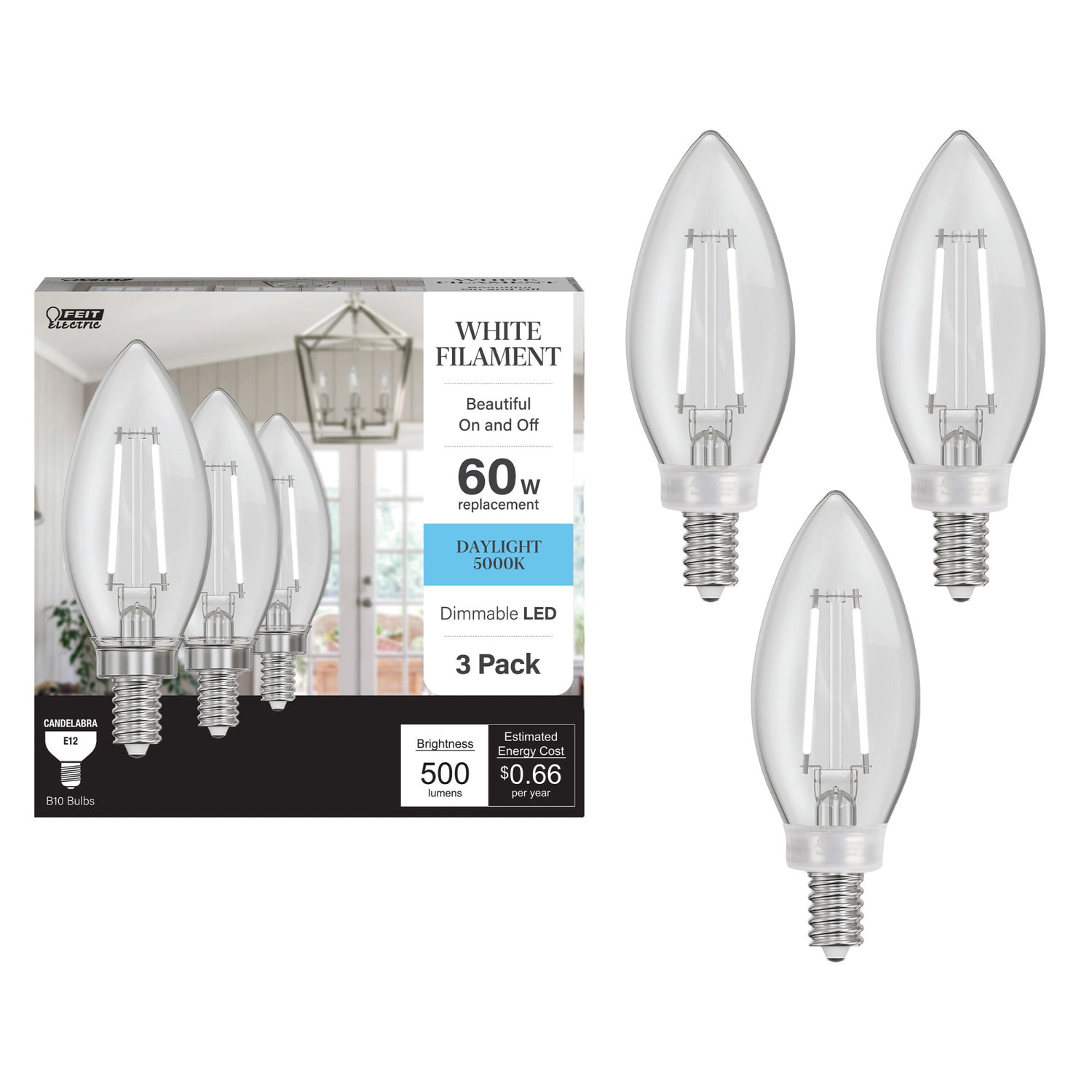 5.5W (60W Replacement) Daylight (5000K) B10 Shape (E12 Base) Torpedo Tip White Filament LED Bulb (3-Pack)