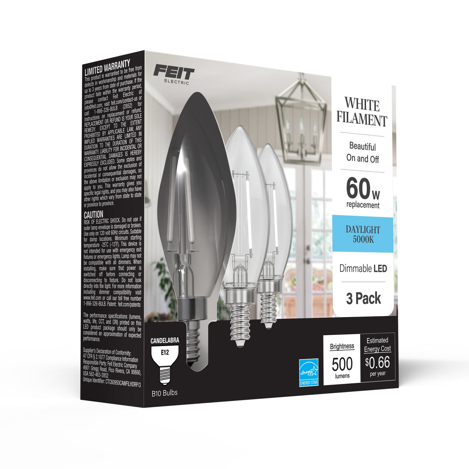 5.5W (60W Replacement) Daylight (5000K) B10 Shape (E12 Base) Torpedo Tip White Filament LED Bulb (3-Pack)