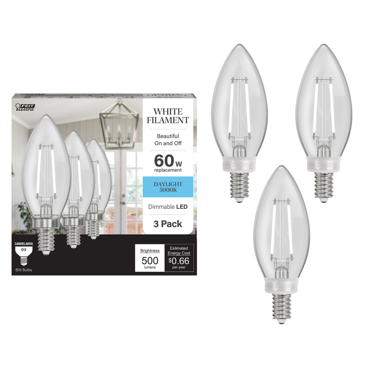 5.5W (60W Replacement) Daylight (5000K) B10 Shape (E12 Base) Torpedo Tip White Filament LED Bulb (3-Pack)