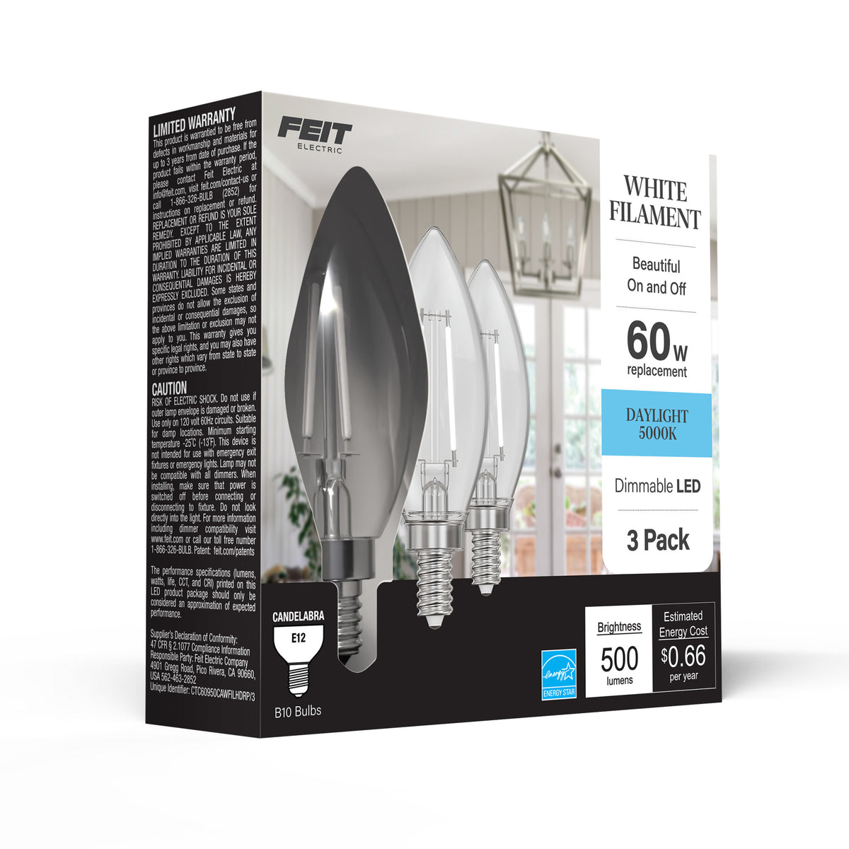 5.5W (60W Replacement) Daylight (5000K) B10 Shape (E12 Base) Torpedo Tip White Filament LED Bulb (3-Pack)