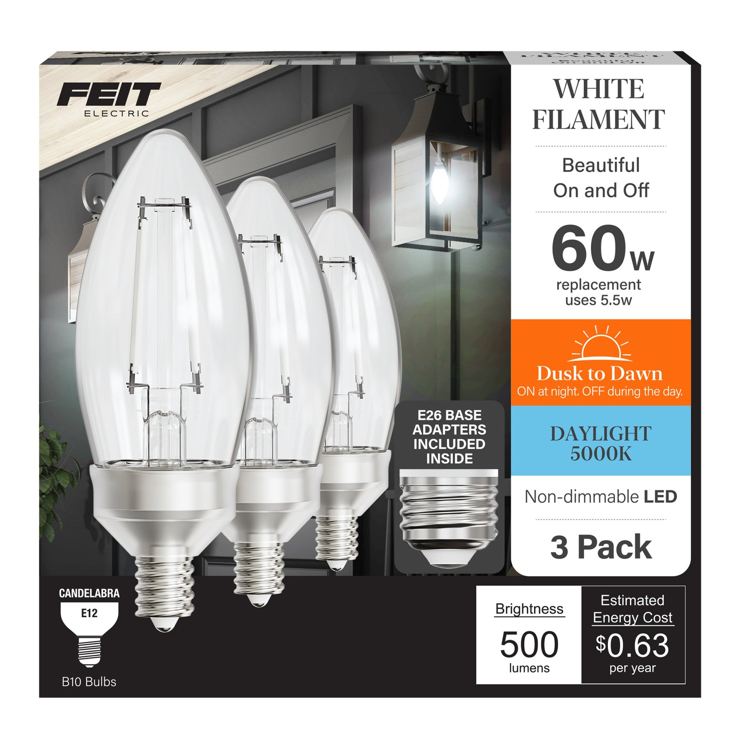 5.5W (60W Replacement) Daylight (5000K) E12/E26 Base B10 Dimmable Dusk to Dawn Torpedo Tip White Filament LED Bulb (3-Pack)