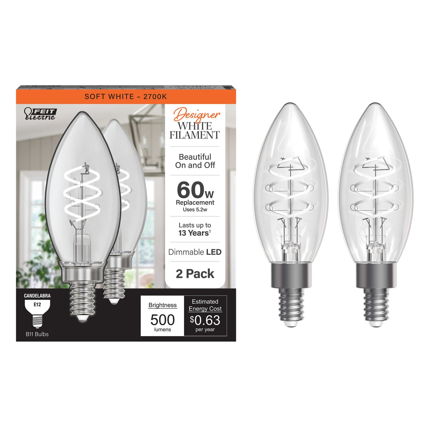5.2W (60W Equivalent) Soft White (2700K) B11 Shape (E12 Base) Torpedo Spiral Designer White Filament Bulb (2-Pack)