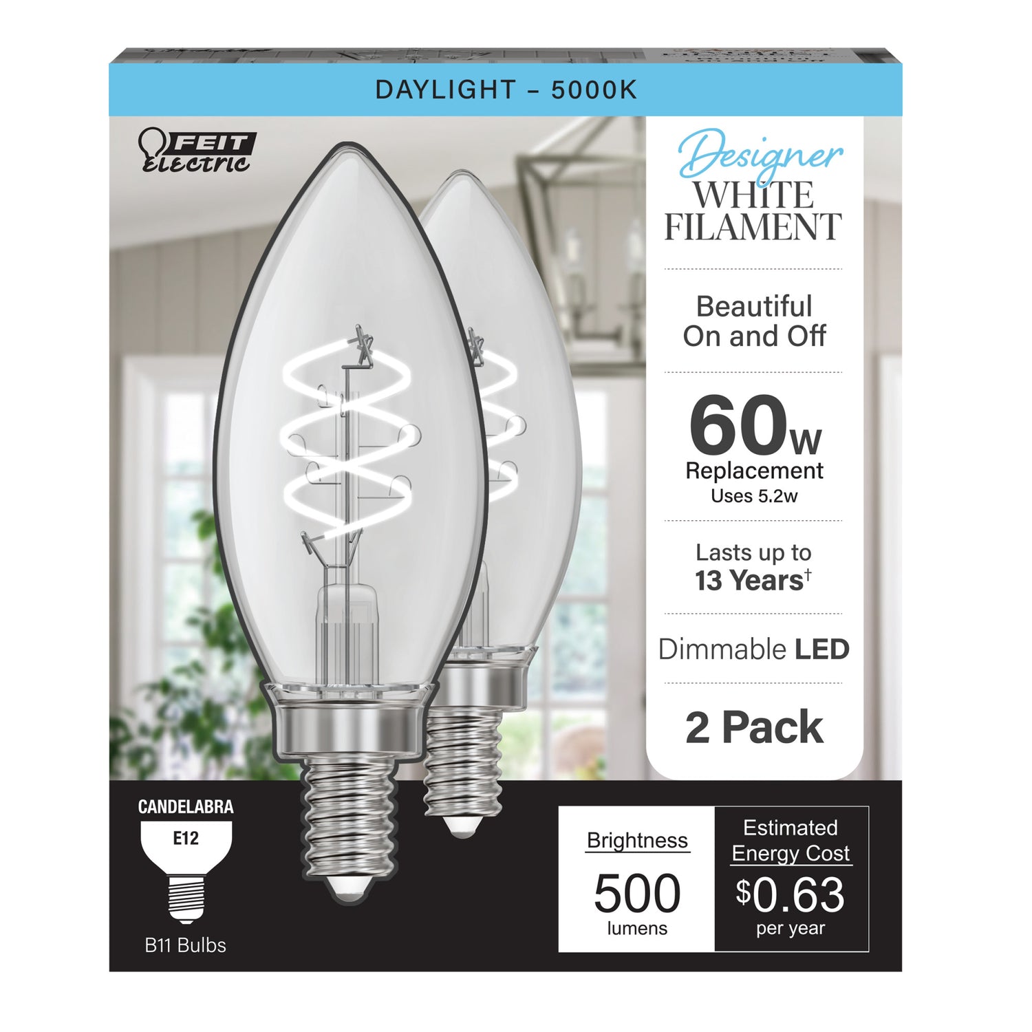 5.2W (60W Equivalent) Daylight (5000K) B11 Shape (E12 Base) Torpedo Tip Spiral Designer White Filament Bulb (2-Pack)
