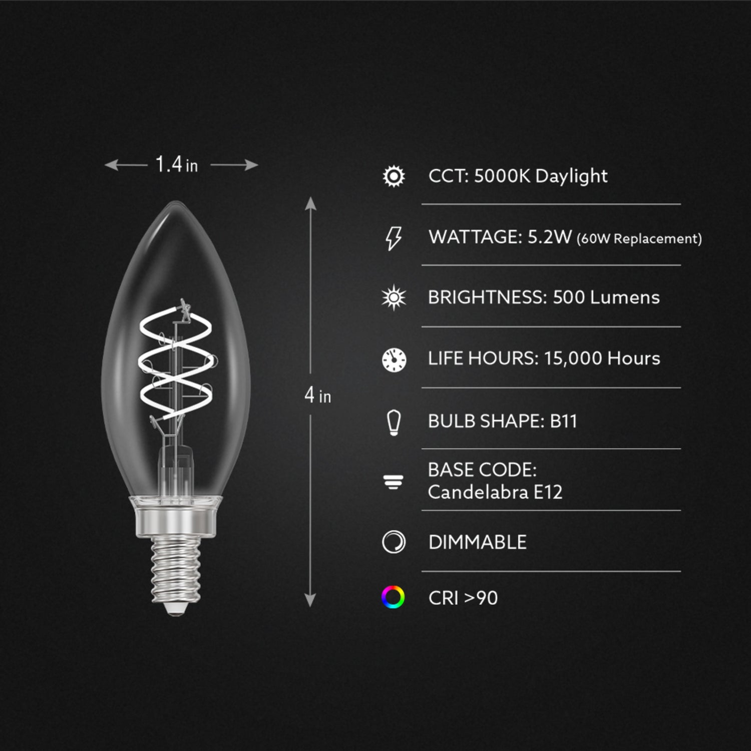 5.2W (60W Equivalent) Daylight (5000K) B11 Shape (E12 Base) Torpedo Tip Spiral Designer White Filament Bulb (2-Pack)