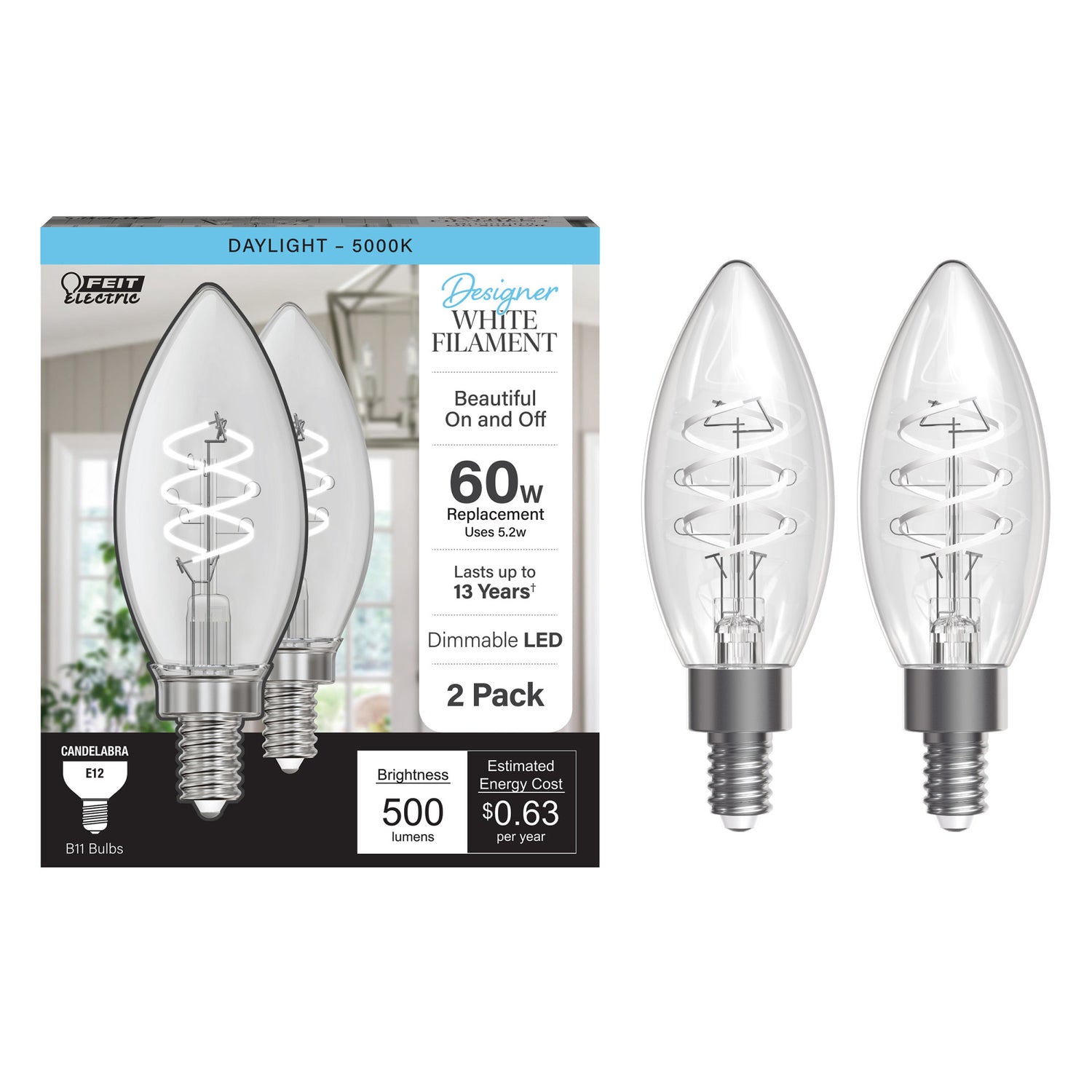 5.2W (60W Equivalent) Daylight (5000K) B11 Shape (E12 Base) Torpedo Tip Spiral Designer White Filament Bulb (2-Pack)