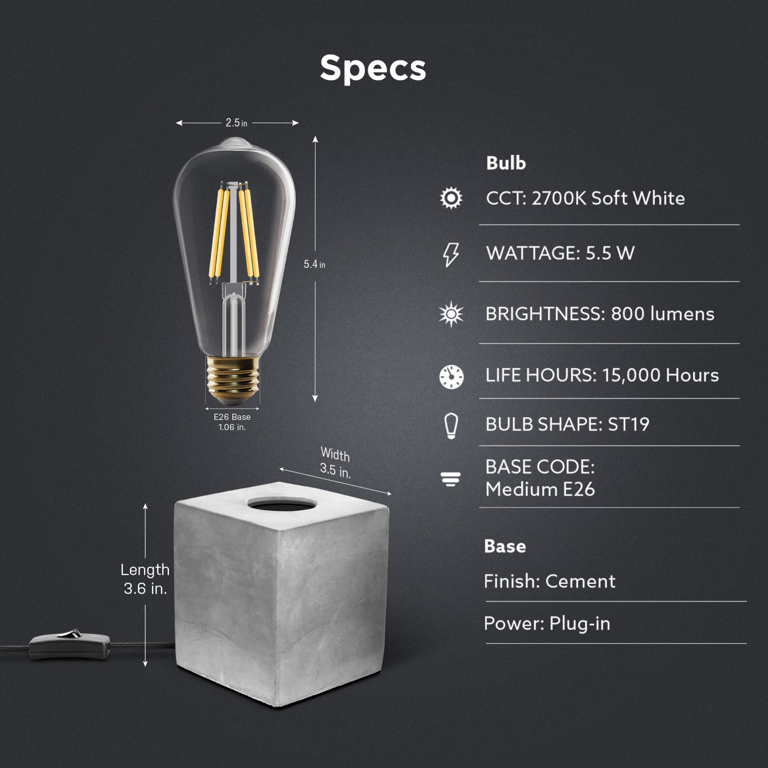 3.5 in. Cube Vintage Industrial Style Table Lamp Base With Clear ST19 Bulb 5.5W Vintage LED