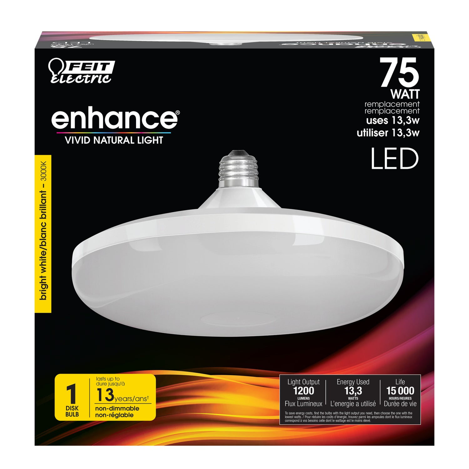 13.3W (75W Replacement) Bright White (3000K) Disk LED Light Bulb