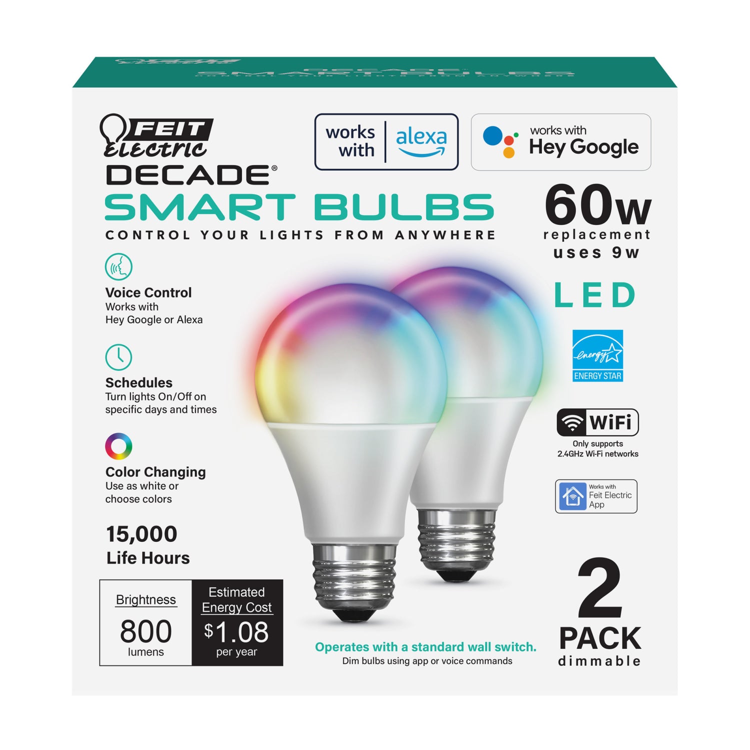 9W (60W Replacement) Color Changing E26 Base A19 Decade Smart WiFi Light Bulb (2-Pack)
