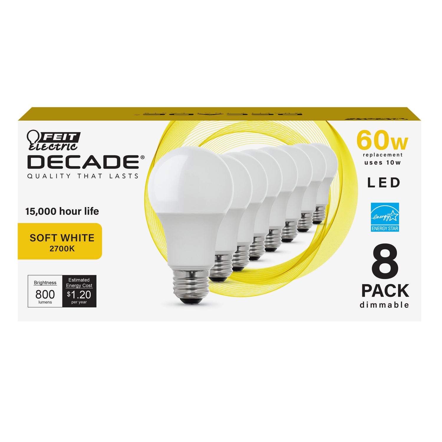 10W (60W Replacement) Soft White (2700K) Dimmable A19 LED (8-Pack)