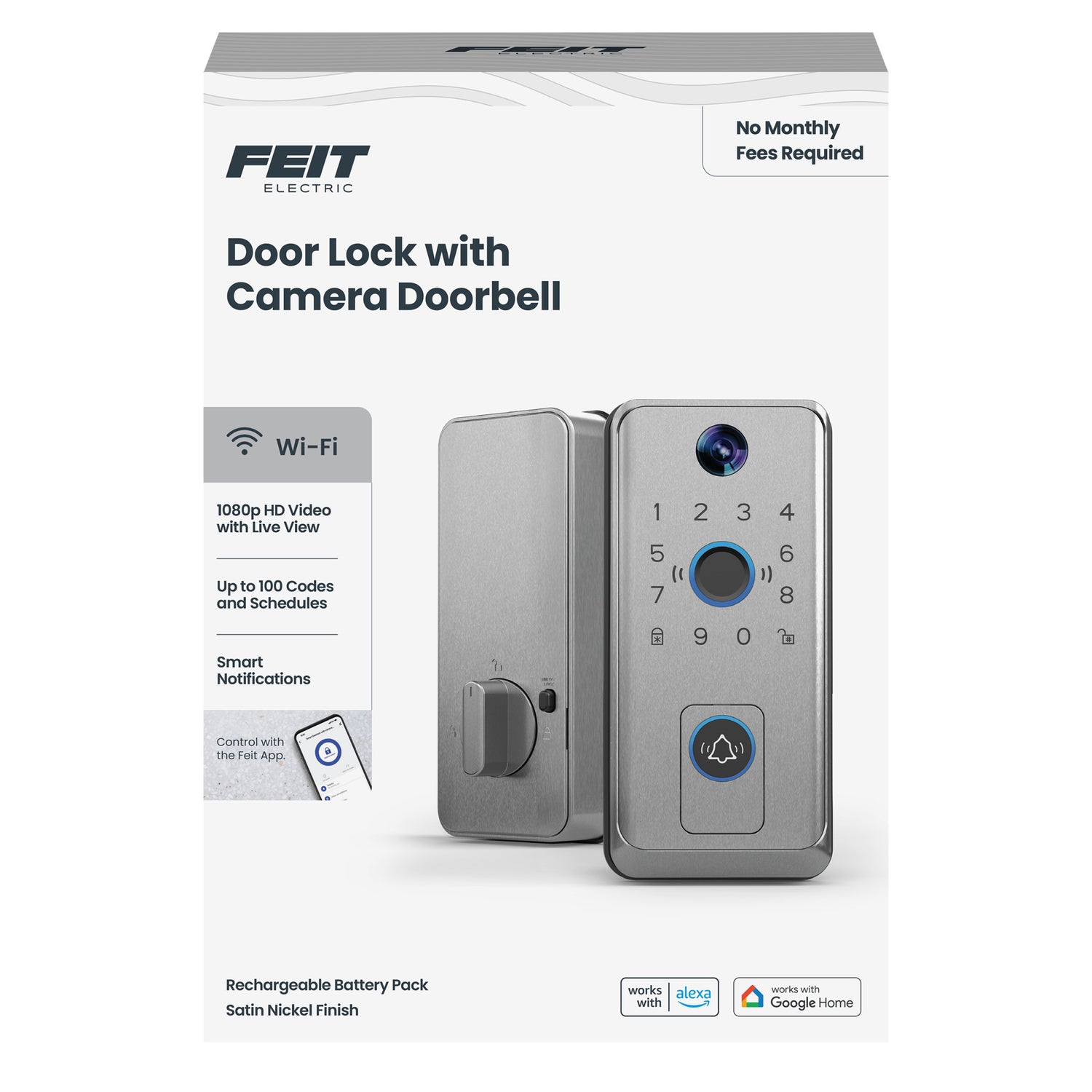 Smart Door Lock with Camera Doorbell, Satin Nickel