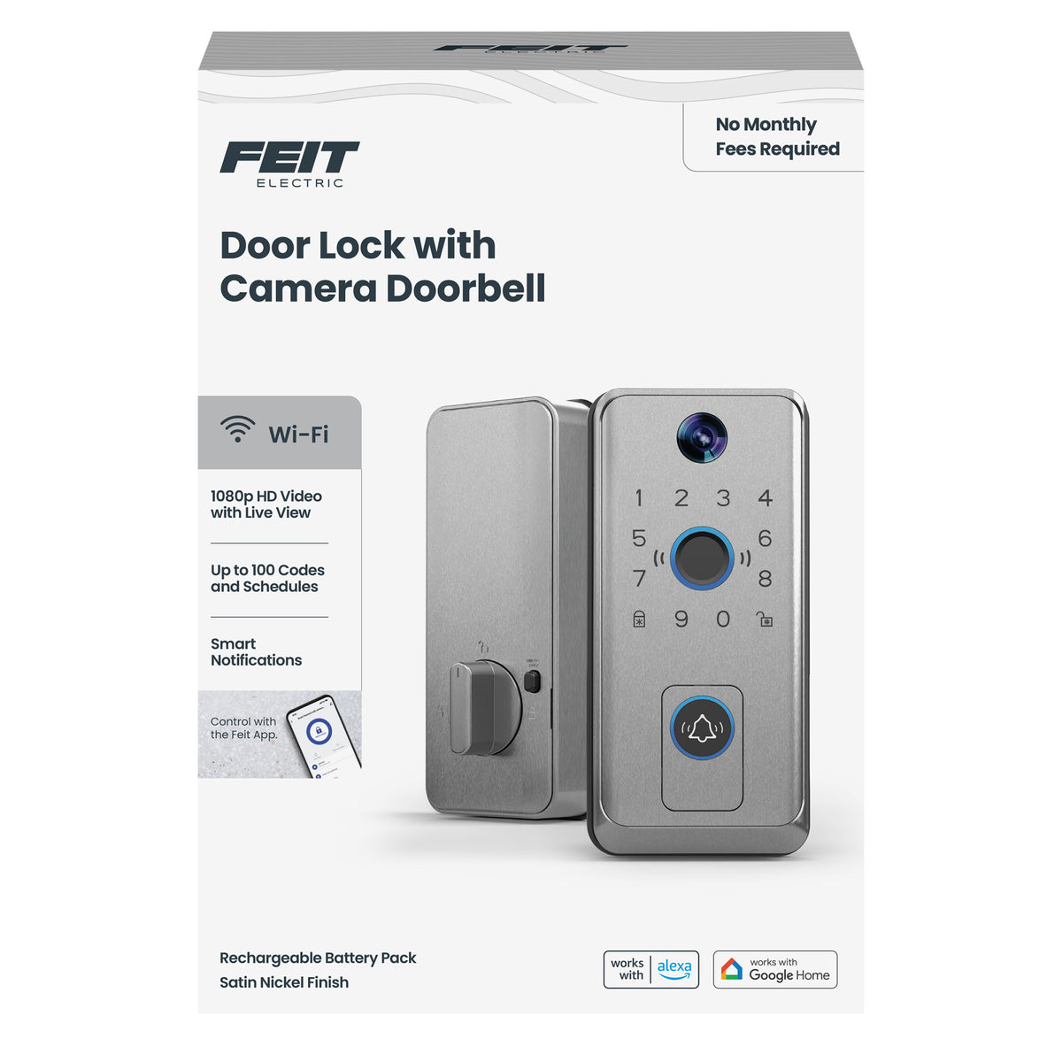 Smart Door Lock with Camera Doorbell, Satin Nickel