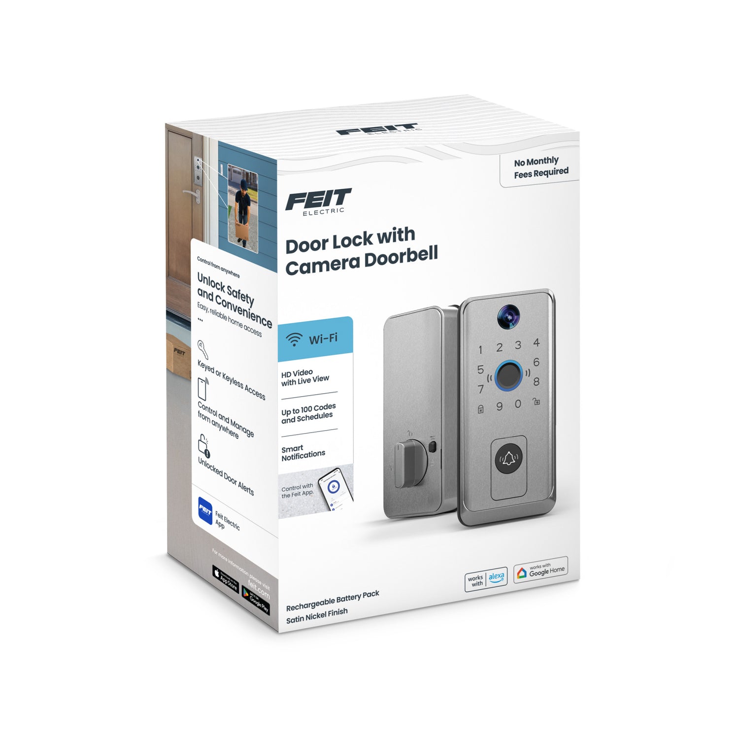 Smart Door Lock with Camera Doorbell, Satin Nickel