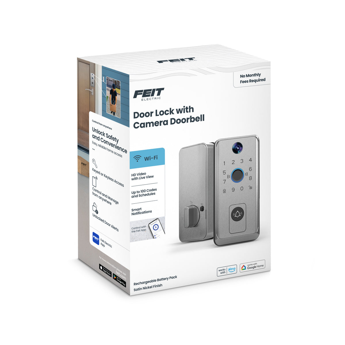 Smart Door Lock with Camera Doorbell, Satin Nickel