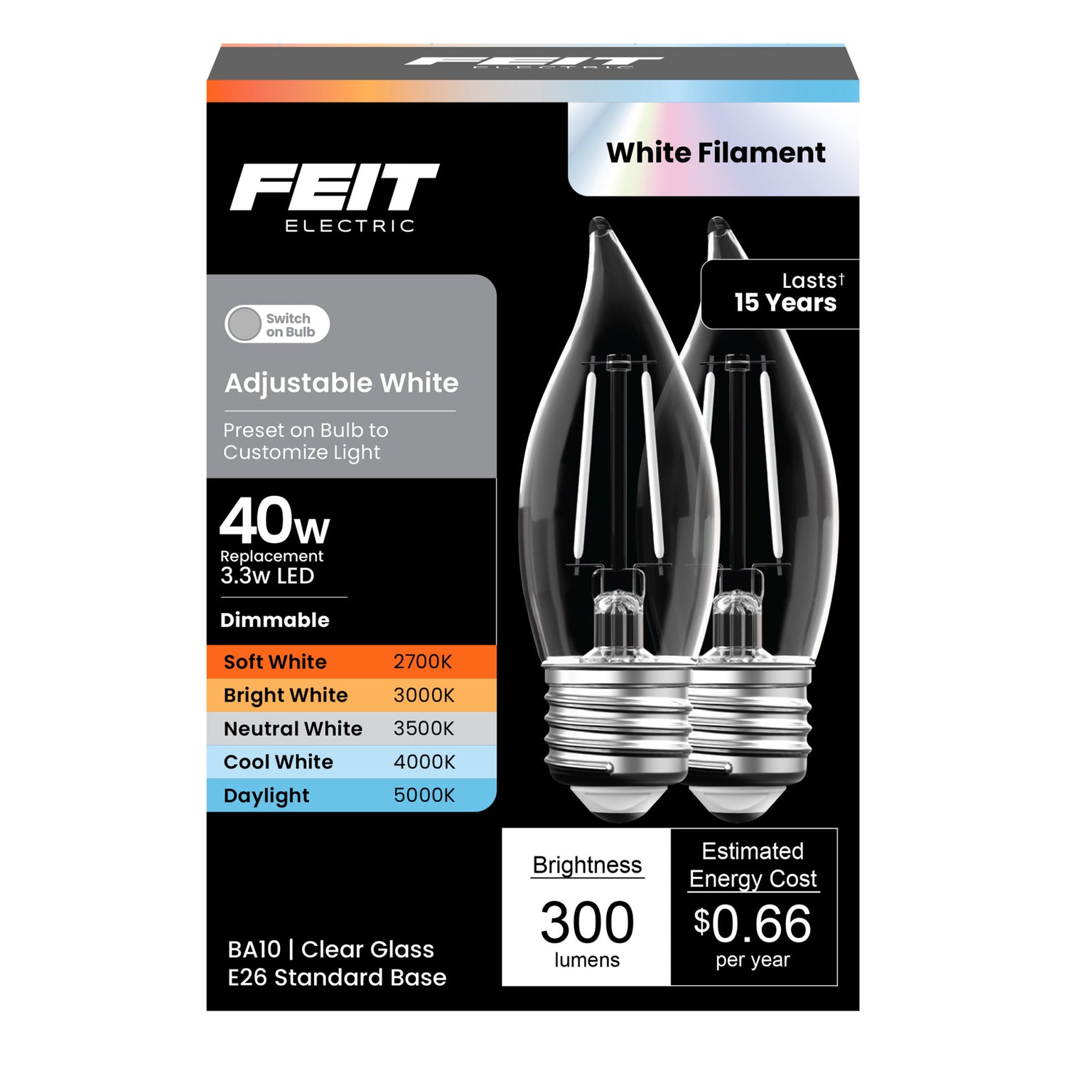 3.3W (40W Equivalent) Adjustable White Flame Tip E26 Base BA10 White Filament LED Bulb (2-Pack)