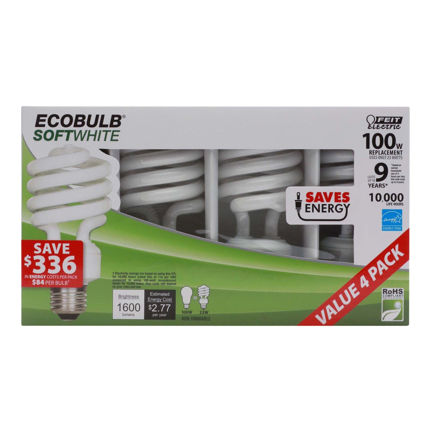 23W (100W Replacement) Soft White (2700K) A19 General Purpose CFL Light Bulb (4-Pack)