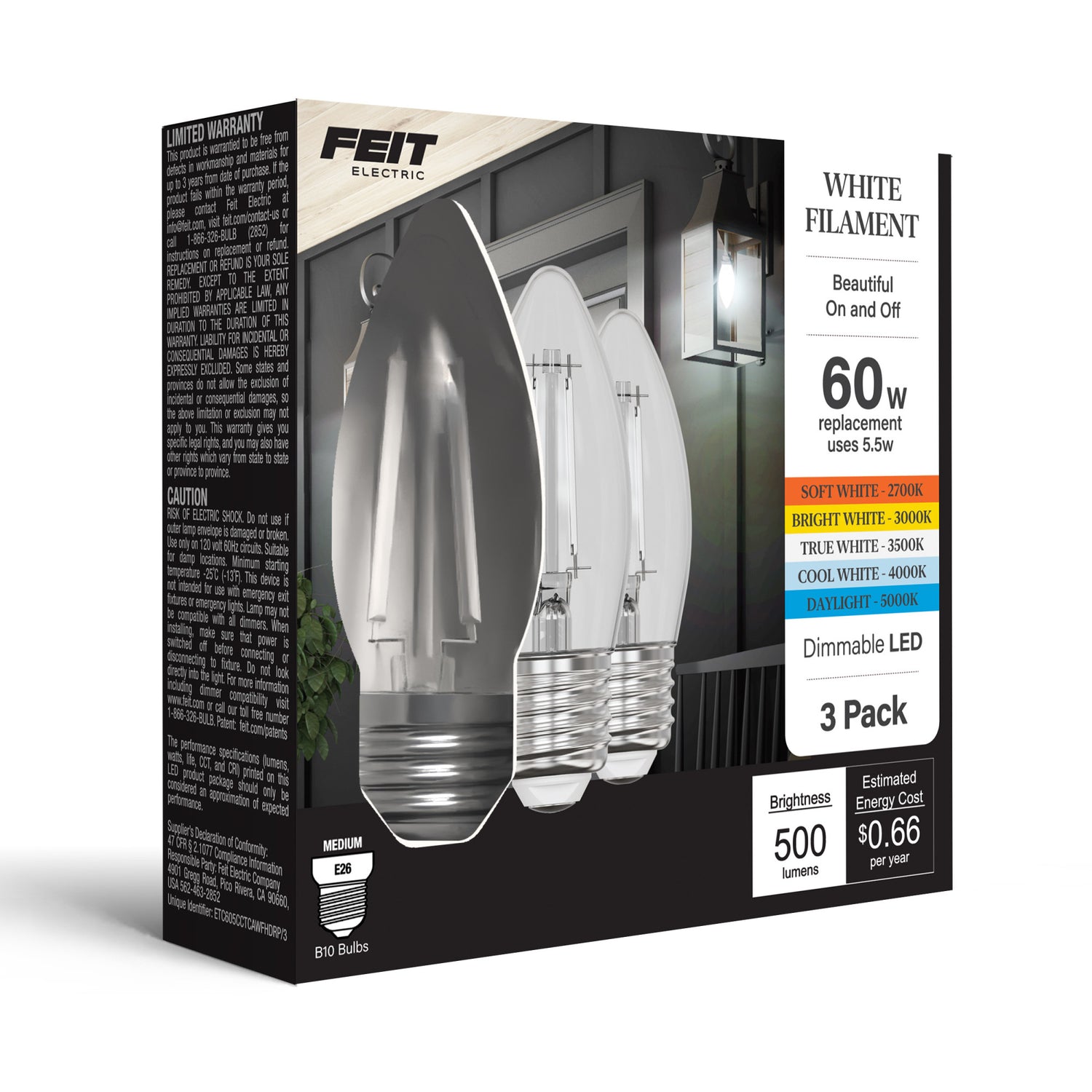 5.5W (60W Equivalent) Selectable White E26 Base BA10 Dimmable Torpedo Tip White Filament LED Bulb (3-Pack)