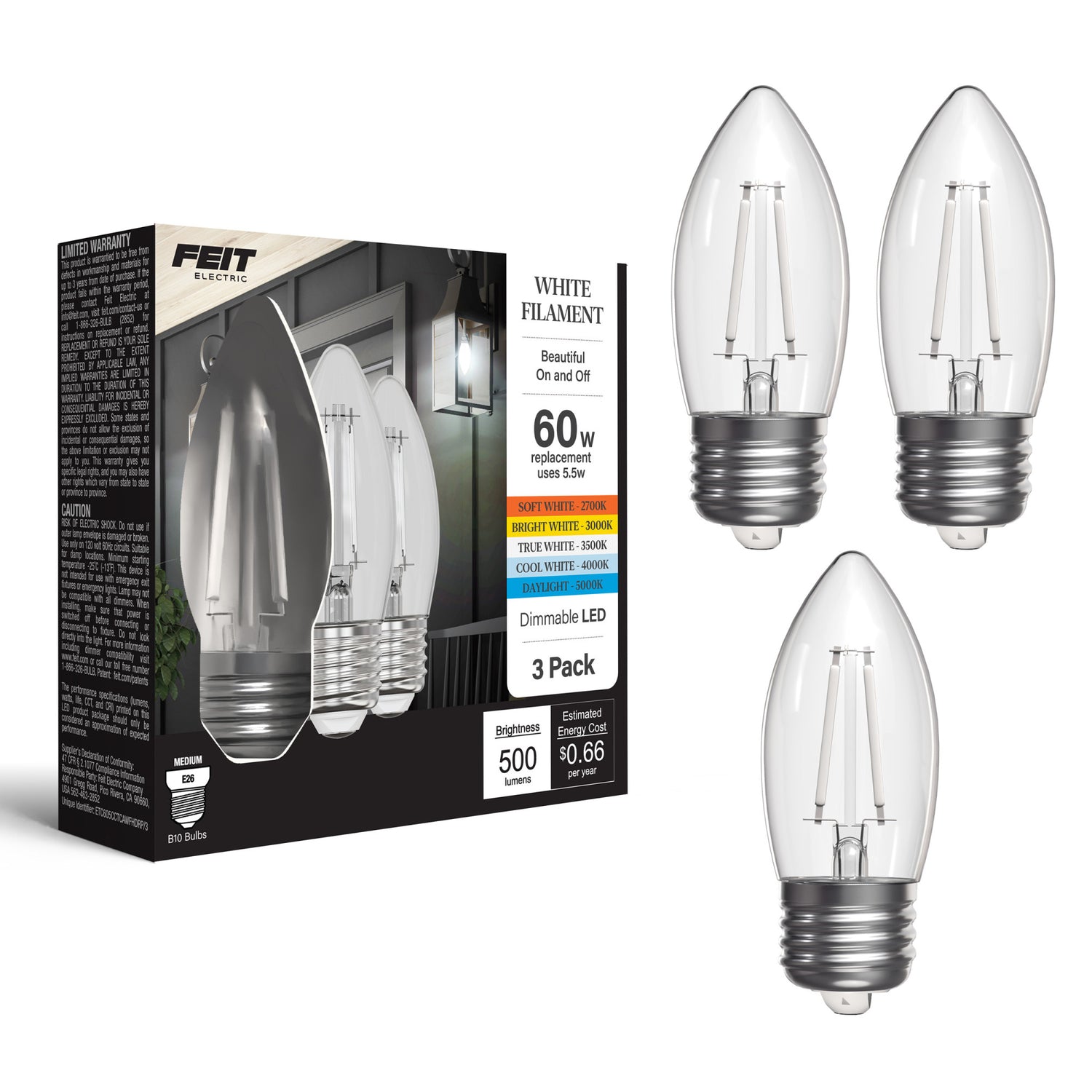 5.5W (60W Equivalent) Selectable White E26 Base BA10 Dimmable Torpedo Tip White Filament LED Bulb (3-Pack)
