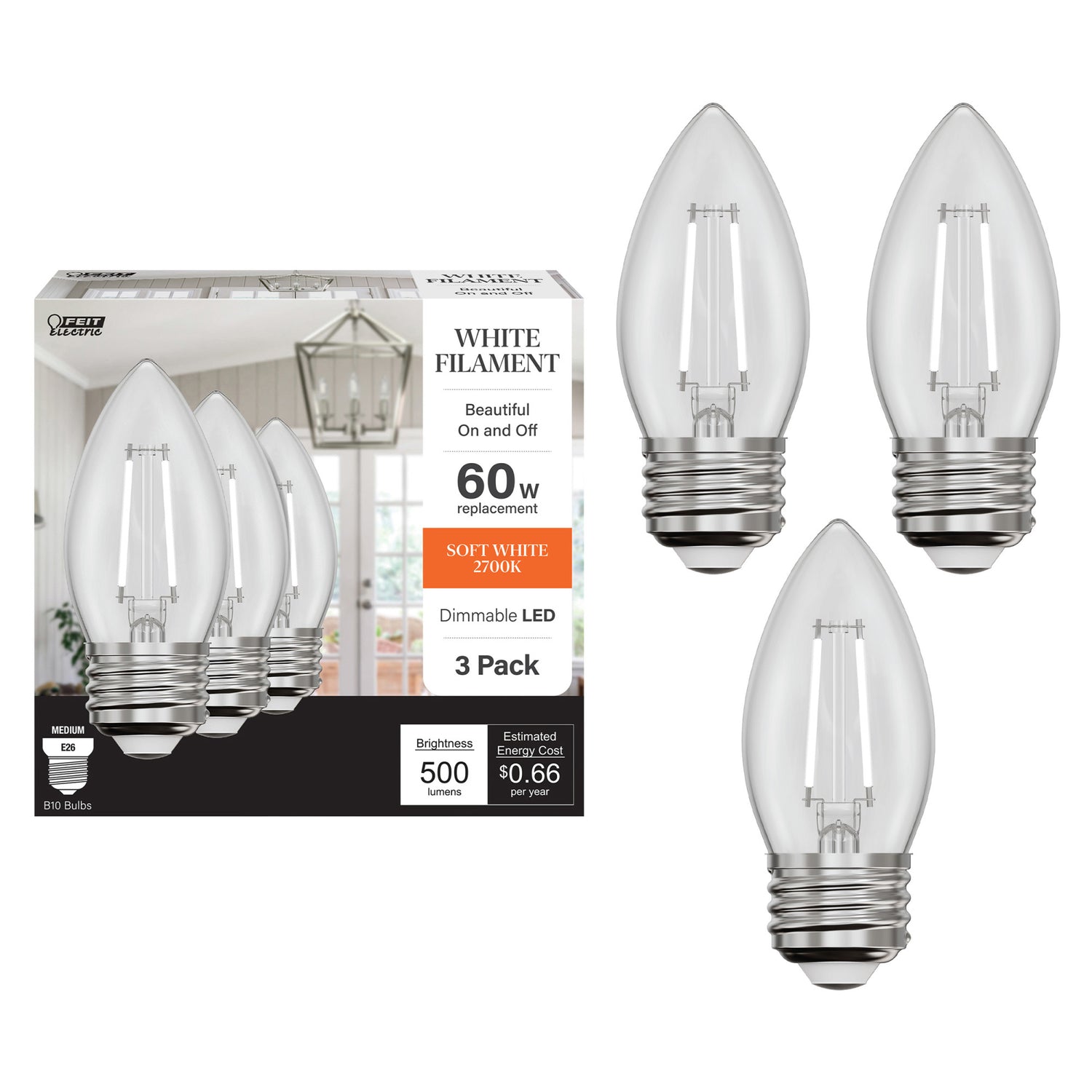 5.5W (60W Equivalent) Soft White (2700K) B10 Shape (E26 Base) Torpedo Tip White Filament LED Bulb (3-Pack)