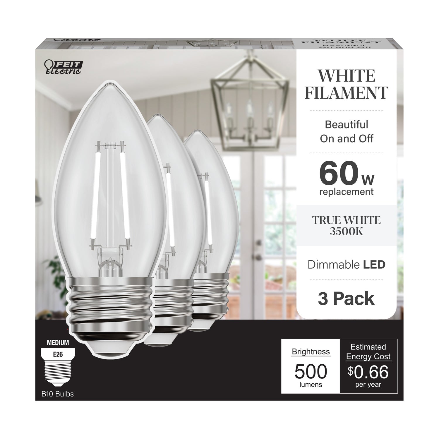 5.5W (60W Equivalent) True White (3500K) E26 Base B10 Torpedo Tip White Filament LED Bulb (3-Pack)