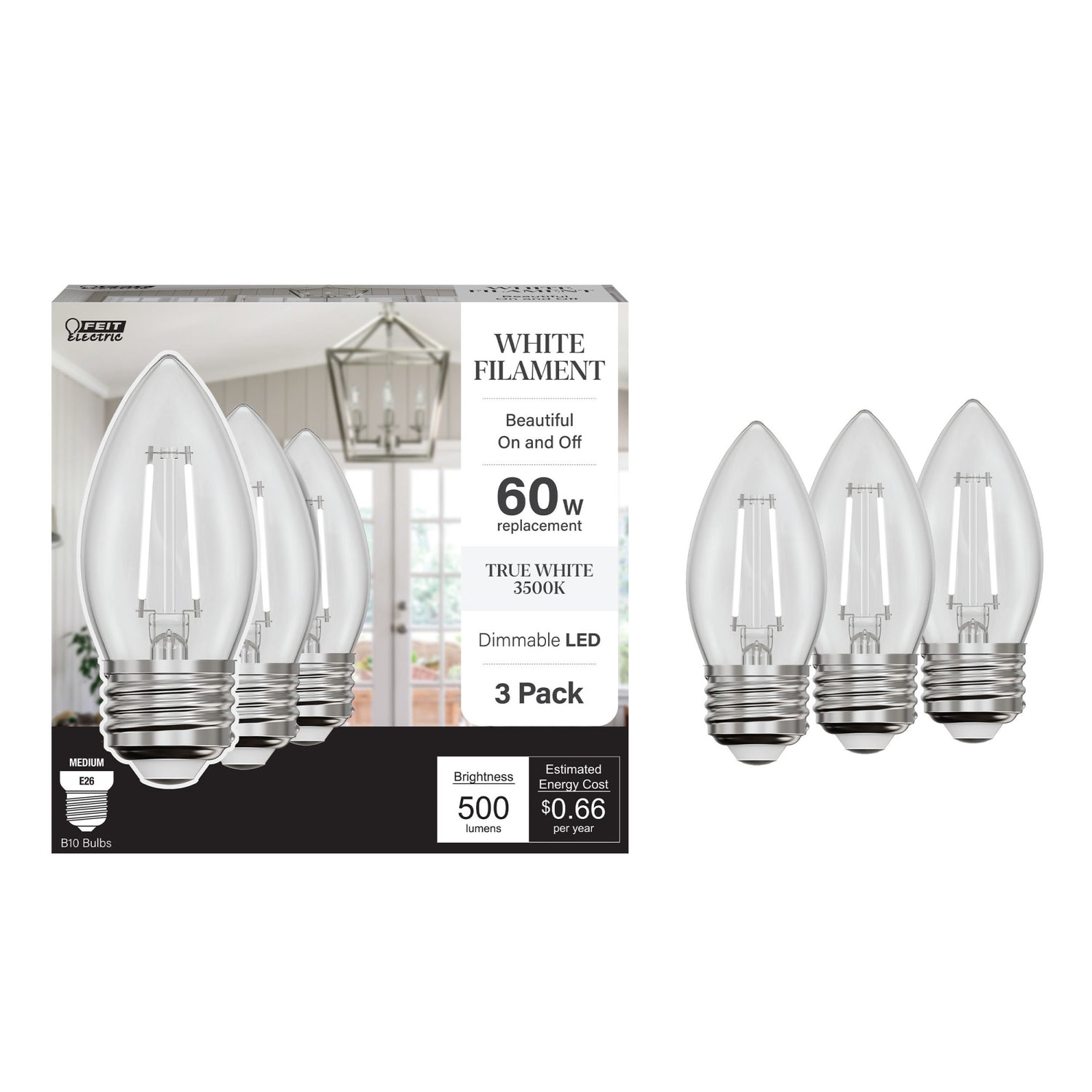 5.5W (60W Equivalent) True White (3500K) E26 Base B10 Torpedo Tip White Filament LED Bulb (3-Pack)