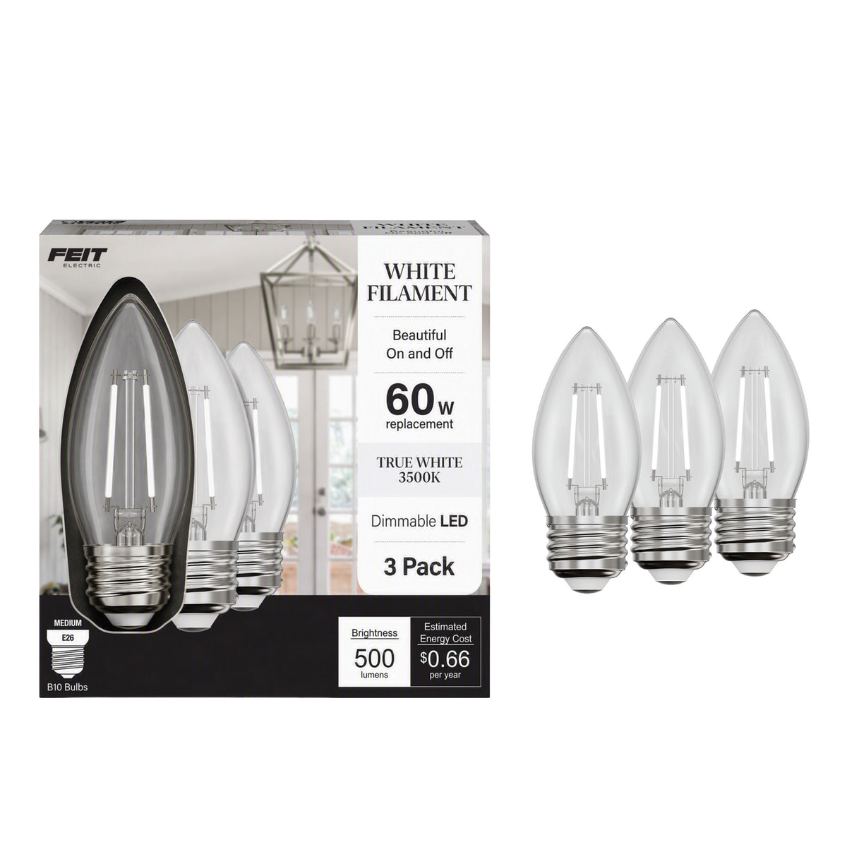 5.5W (60W Equivalent) True White (3500K) E26 Base B10 Torpedo Tip White Filament LED Bulb (3-Pack)