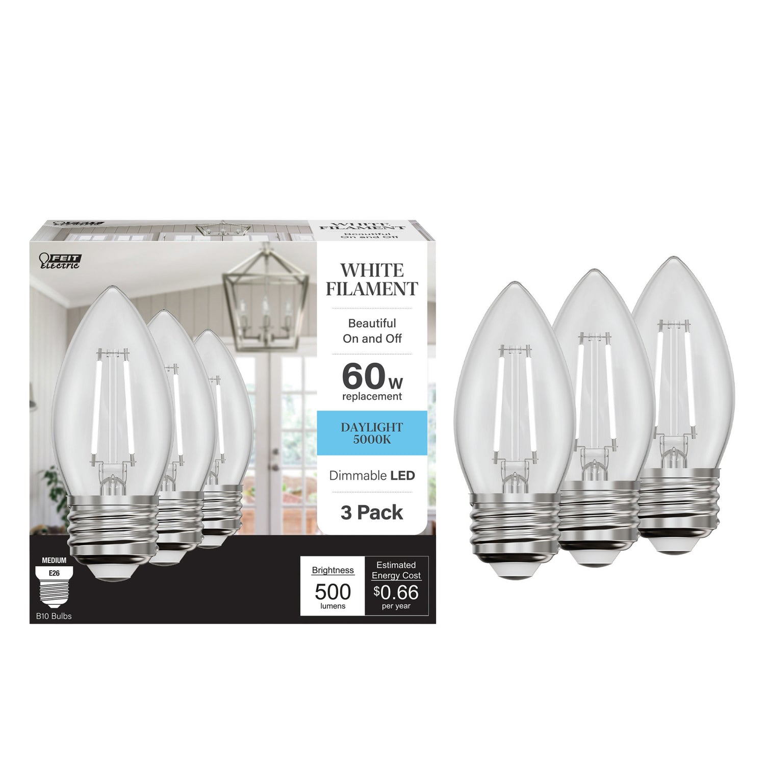 5.5W (60W Equivalent) Daylight White (5000K) Chandelier B10 (E26 Base) Torpedo Tip White Filament LED Bulb (3-Pack)
